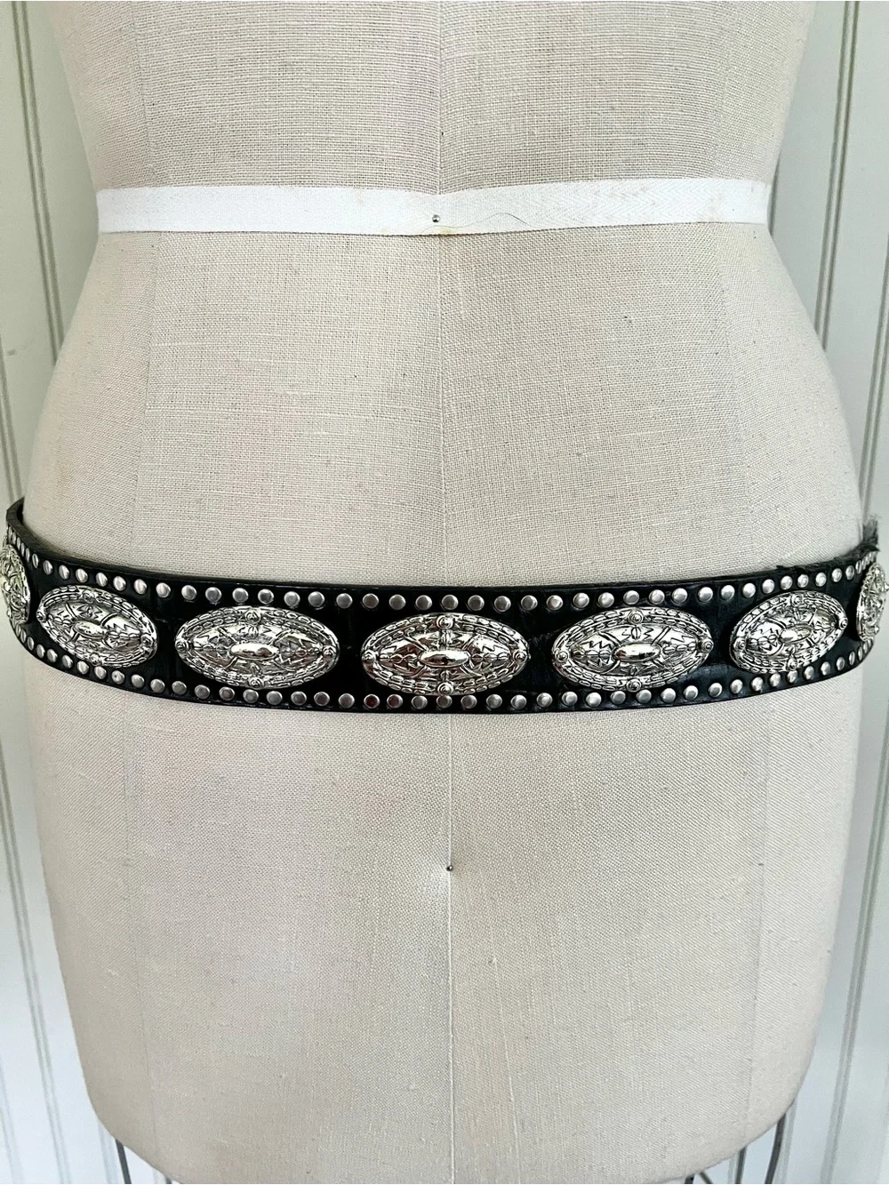 Authentic Vintage Leather Concho Western Black & Silver Belt